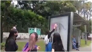 Mujeres dañando paradero en Ibagué _ Foto_ captura de video
