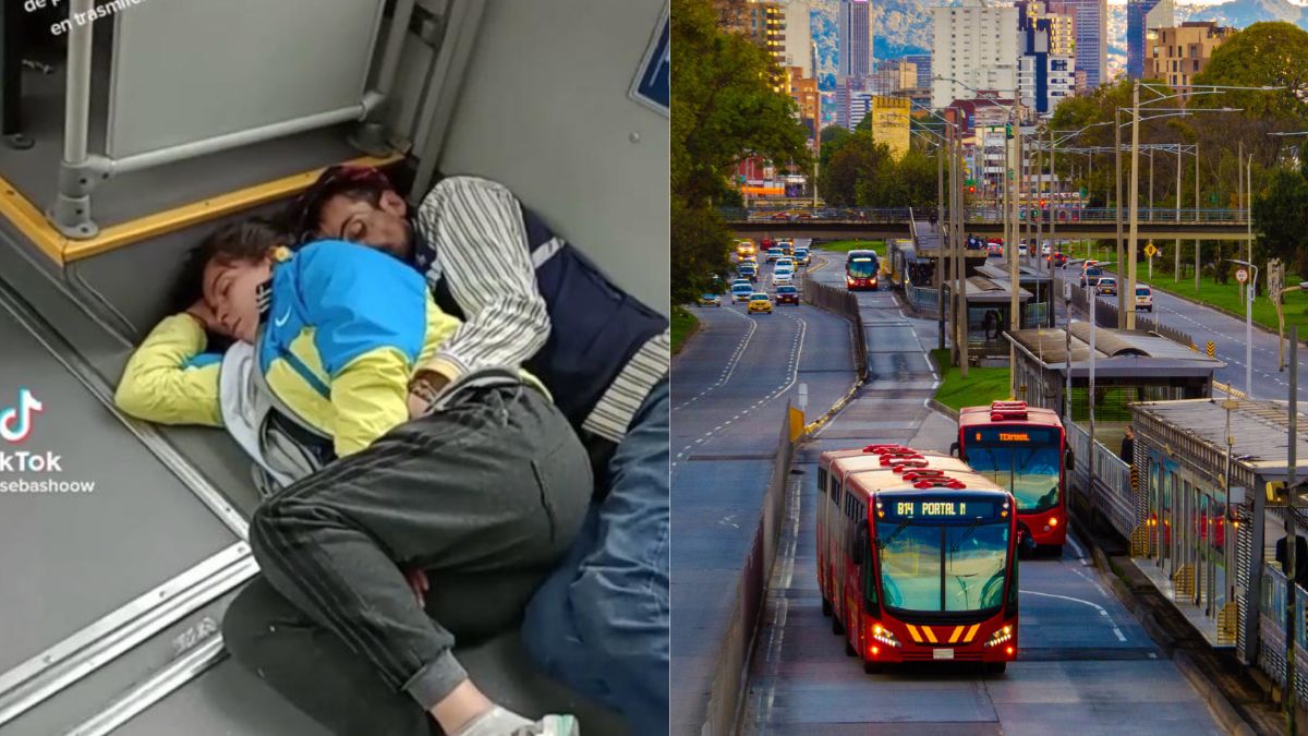 Pareja arrunchada en TransMilenio