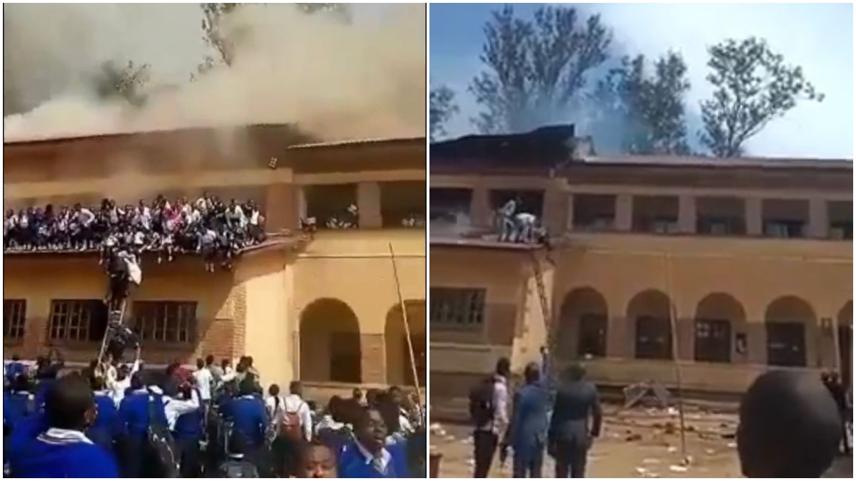 Niñas se lanzan de escuela en llamas