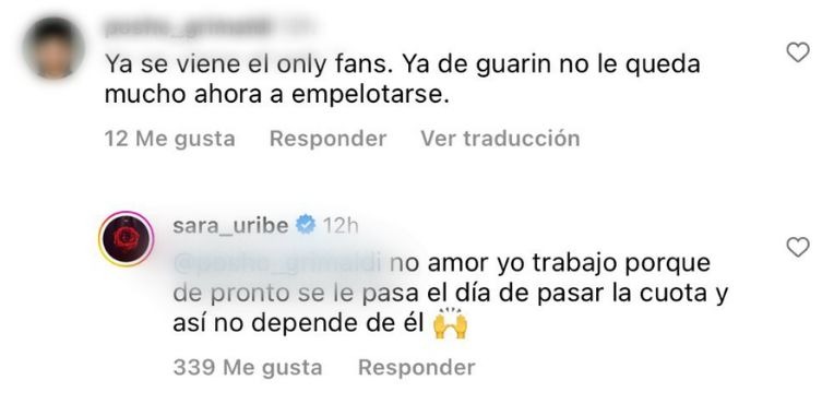 Sara Uribe respondió a seguidor