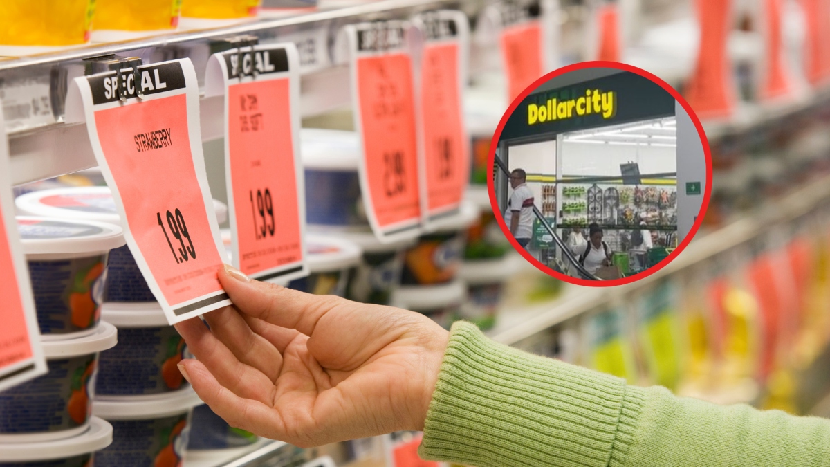 Persona comparando los precios en un supermercado (Getty Images) y de fondo la tienda Dollarcity (Tomada de TikTok @priceitco)
