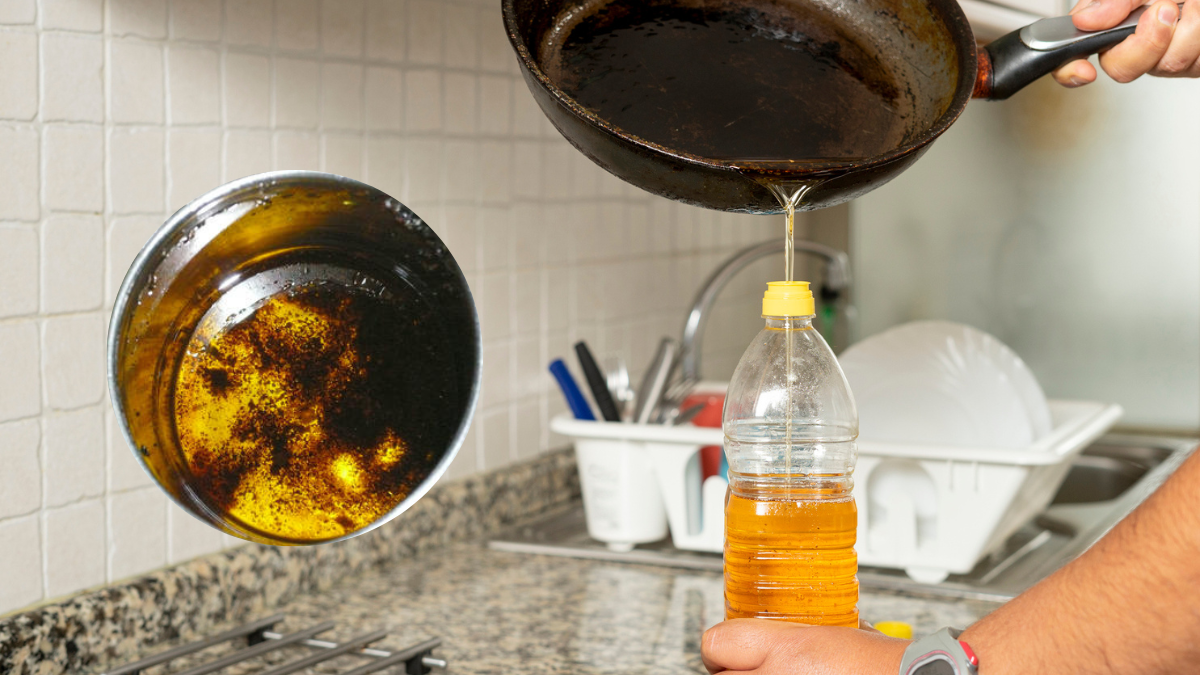 Persona embotellando el aceite del sartén (Getty Images)