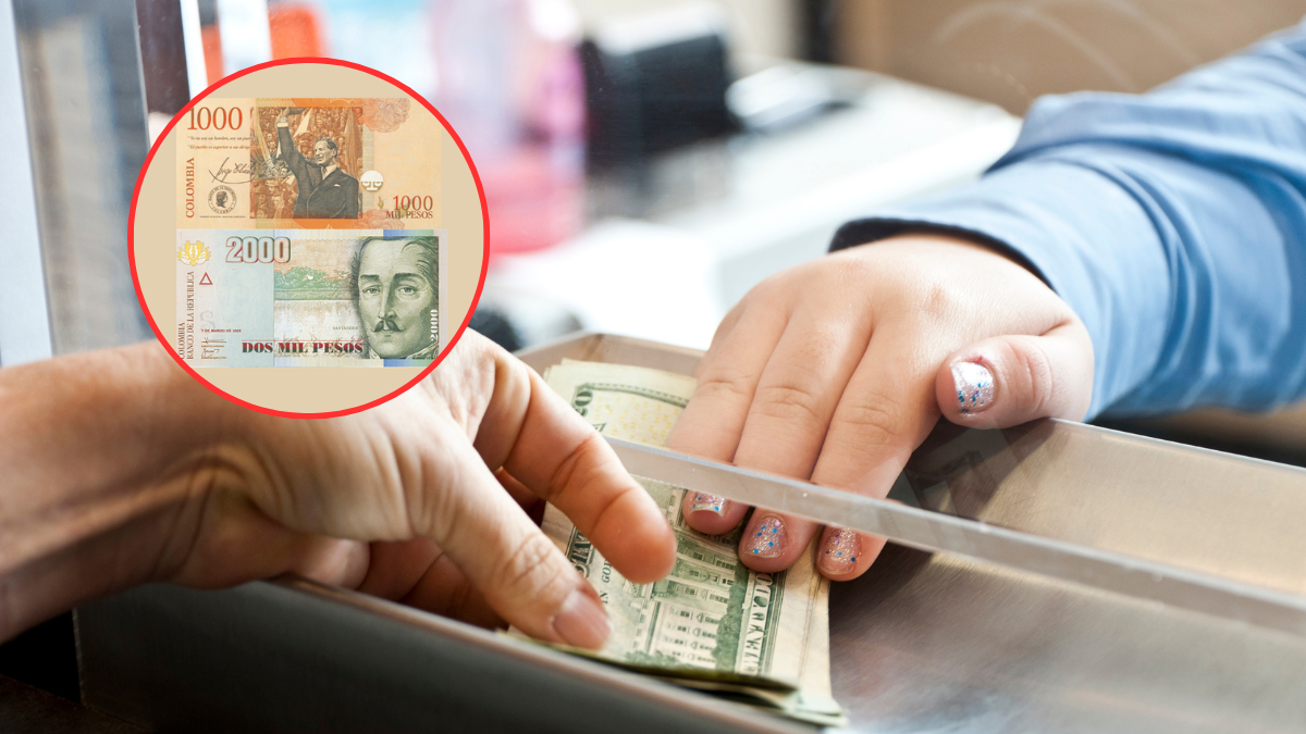 Personas haciendo un intercambio de billetes antiguos por moneda actual y de mayor denominación (Fotos vía Getty Images y COLPRENSA)