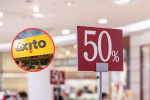 Descuentos en un establecimiento comercial y de fondo una fotografía de la fachada de un almacén del Grupo Éxito (Fotos vía Getty Images y COLPRENSA)