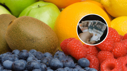 Frutas de diferente tipo y de fondo una persona con billetes colombianos (Fotos vía Getty Images)