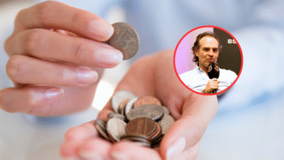 Persona contando monedas y de fondo el alcalde de Medellín, Federico Gutiérrez (Fotos vía Getty Images y cortesía Los40Colombia