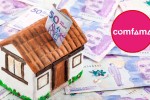 Figura de casa con billetes colombianos alrededor; logo de Comfama.