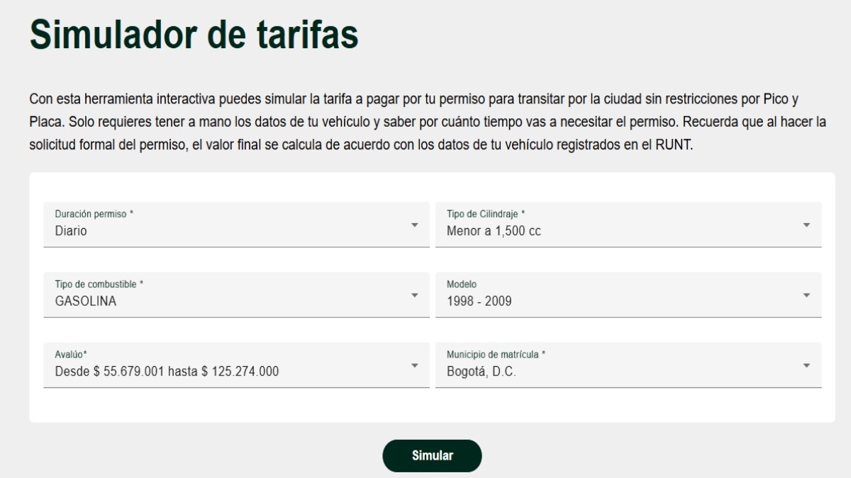 Simulador de tarifas Pico y placa solidario.