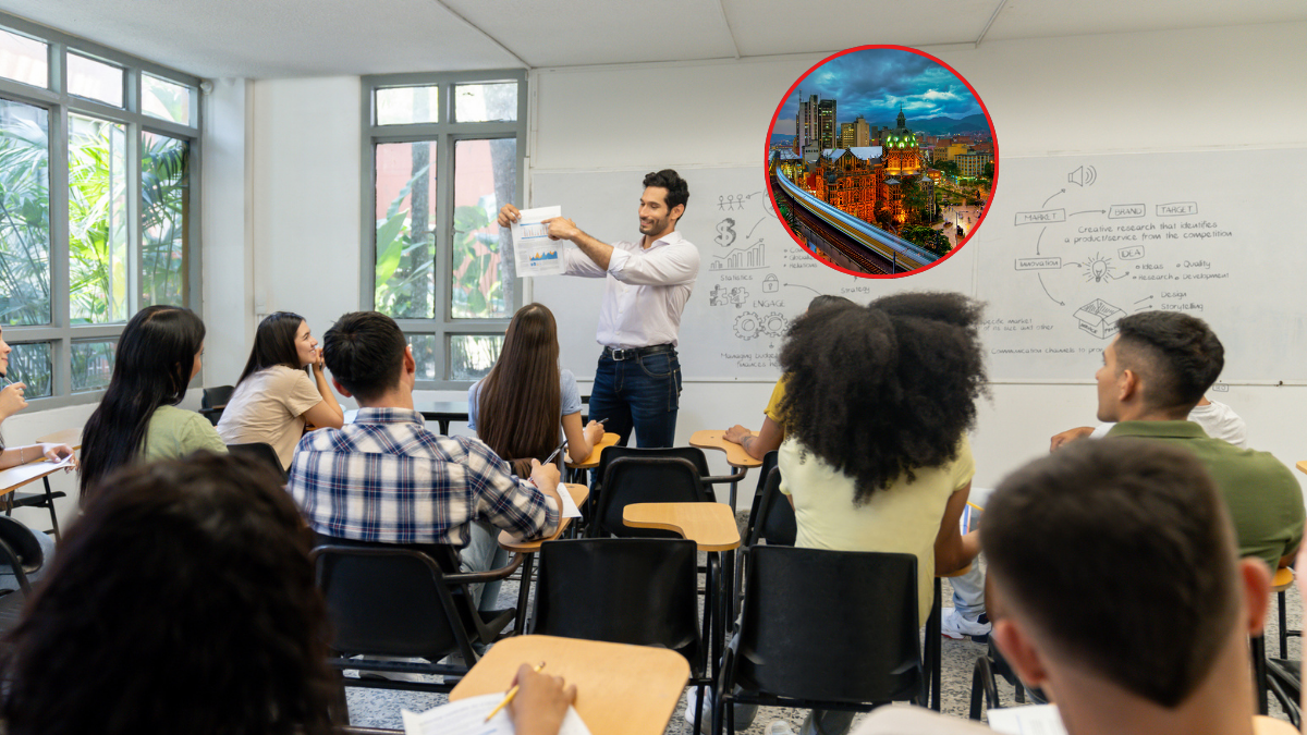 Imagen de un salón de clases junto a una foto de Medellín al atardecer. Créditos: Getty Images